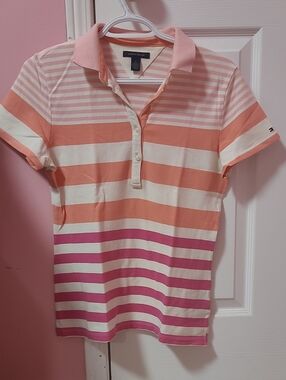 Tommy Hilfiger Coral, Pink and Cream Striped Polo Shirt